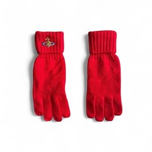 Vivienne Westwood Bright Red Ribbed Knit Gloves with Orb Emblem